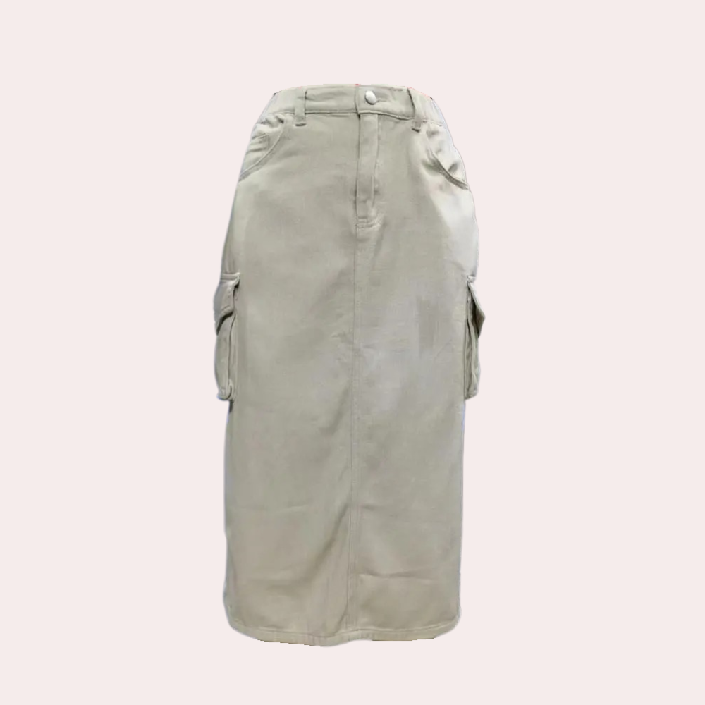 Dames retro cargo rok, midi lengte, stijlvol en veelzijdig. Perfect voor lente/zomer casual outfits.
