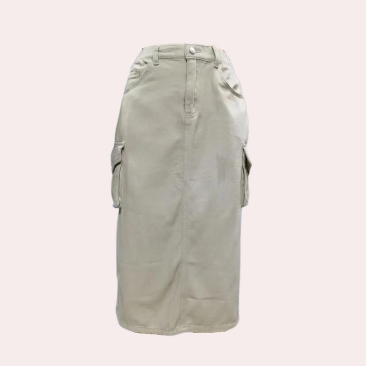 Dames retro cargo rok, midi lengte, stijlvol en veelzijdig. Perfect voor lente/zomer casual outfits.