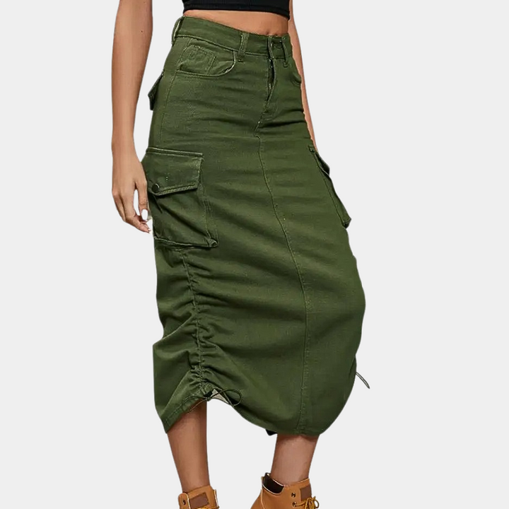 Dames retro cargo rok, comfortabel en modieus. Ideale midi rok voor elke gelegenheid, van casual tot chic in de lente.