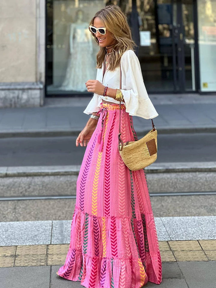 Luchtige dames midi rok met stijlvolle retro print. Ideaal als comfortabele zomerrok, geplooide model S-XL.