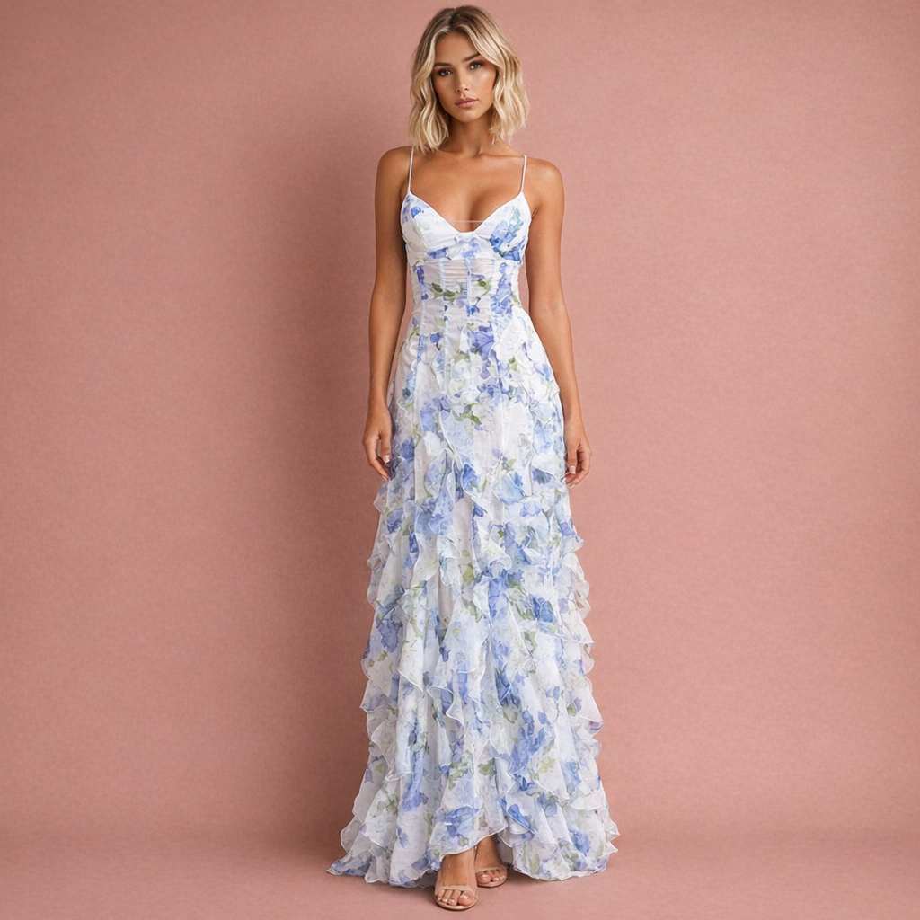 Dames romantische bloemen maxi-jurk met rimpeldetail, perfect als elegante zomerjurk of feestjurk.