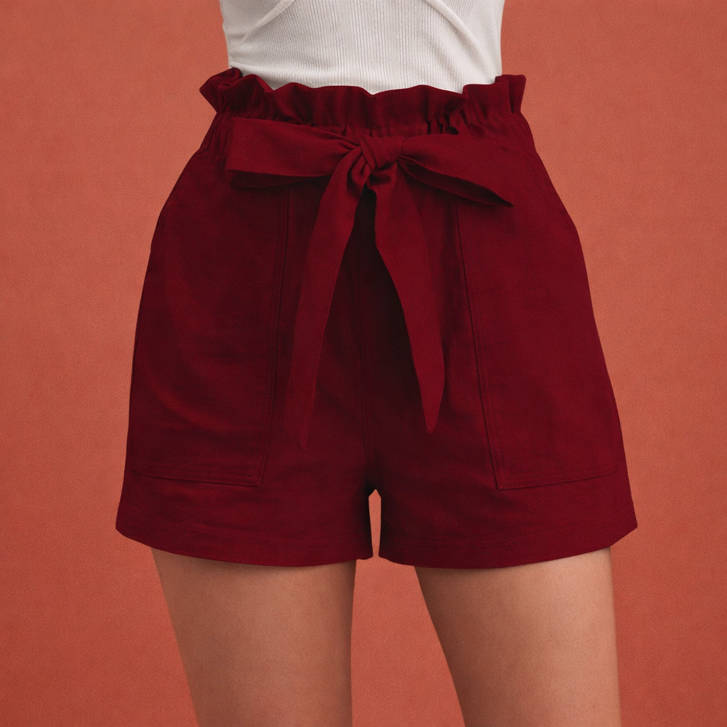 Dames shorts met hoge taille en strikceintuur. Comfortabele, modieuze kortebroek voor zomer, strand en vakantie.