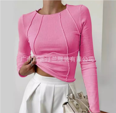 Zwarte dames slim fit top met ronde hals en lange mouwen. Essentiële basic voor veelzijdige casual chic outfits.