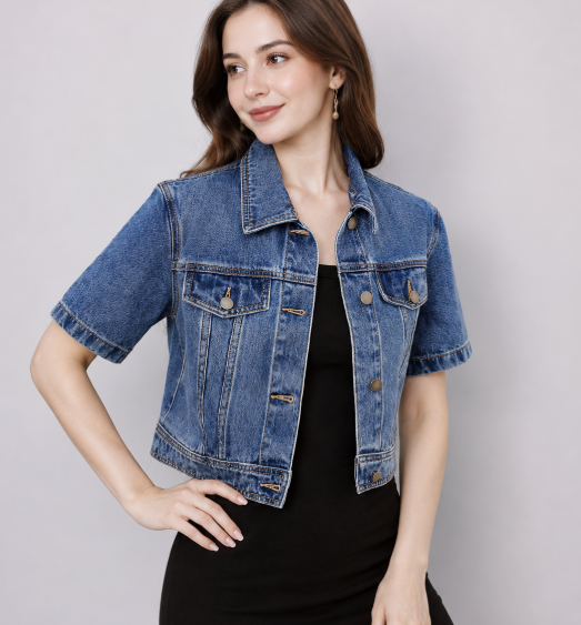 Denim dames spijkerjack met korte mouwen, ideaal voor een frisse, casual voorjaarsoutfit.