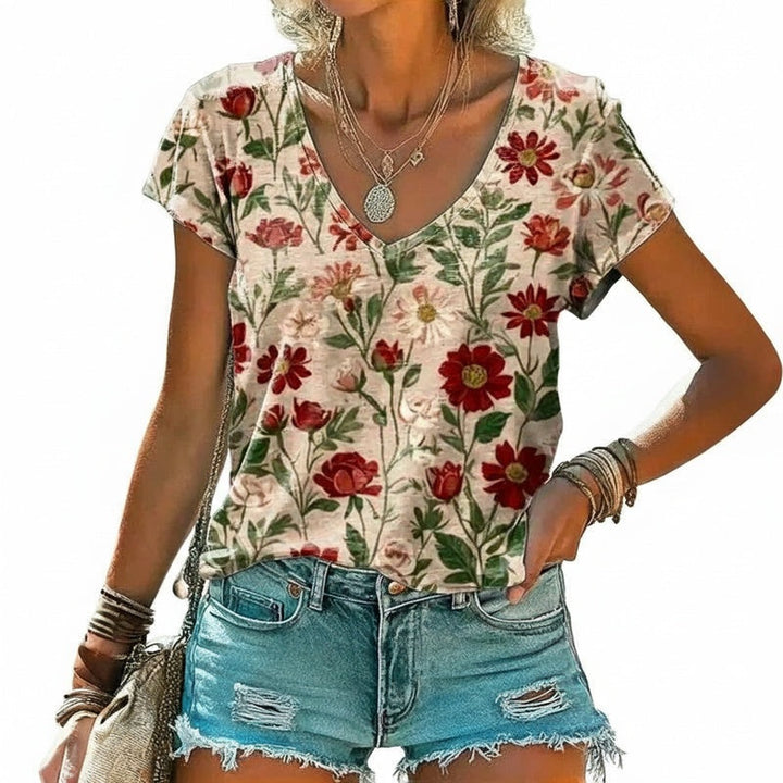 Dames t-shirt met V-hals, vintage bloemenprint & korte mouwen. Casual, modieuze top voor lente & zomer.