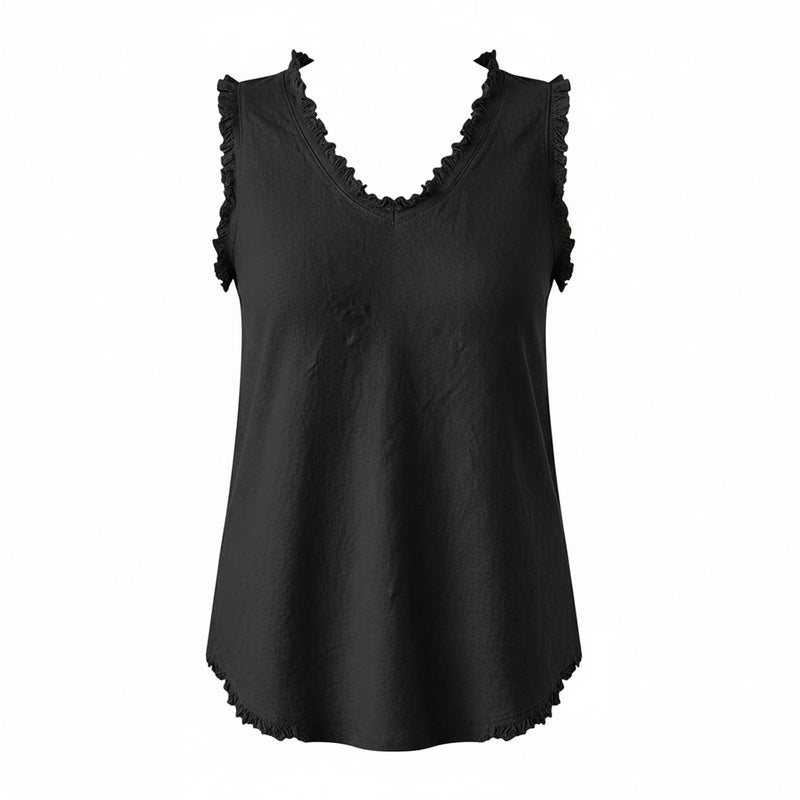 Dames tanktop met stijlvolle V-hals en trendy gerafelde randen; perfecte casual zomer top voor vrouwen.