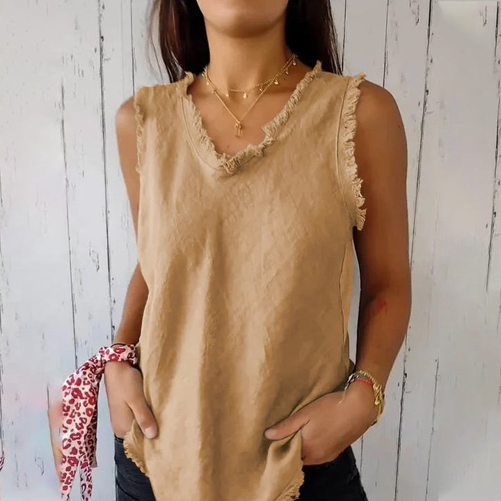 Gerafelde randen dames tanktop met V-hals, een must-have mouwloze zomer top voor een trendy look.