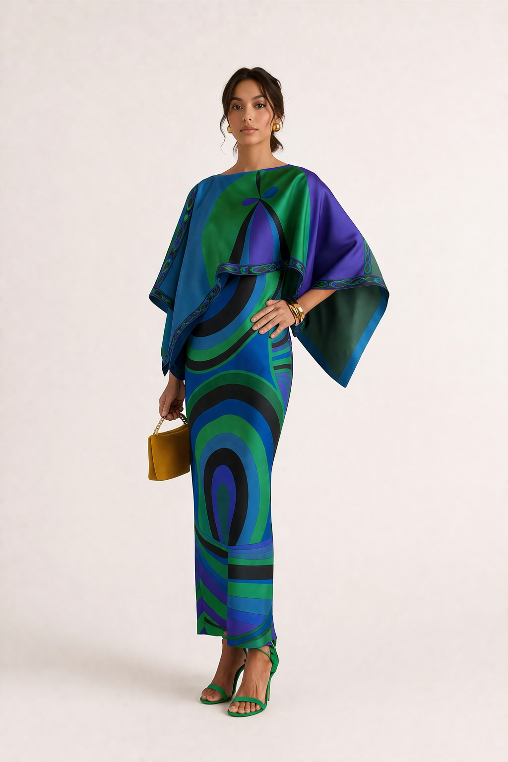 Dames tweedelige jurk met modieus geometrisch patroon in blauw en groen, elegant en veelzijdig.