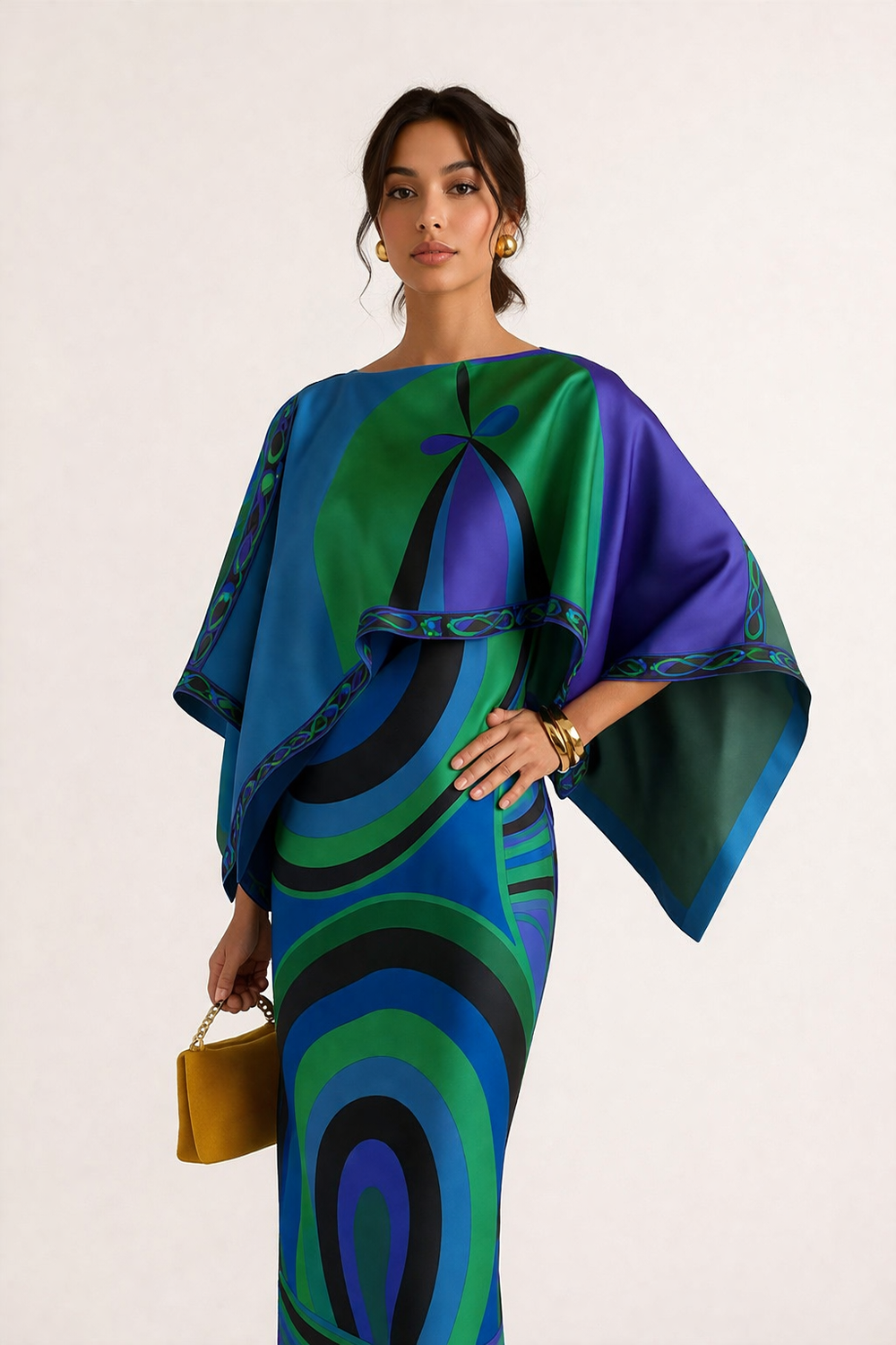 Elegante lange dames feestjurk, tweedelig, met uniek geometrisch dessin. Ideaal als avond- of zomerjurk.
