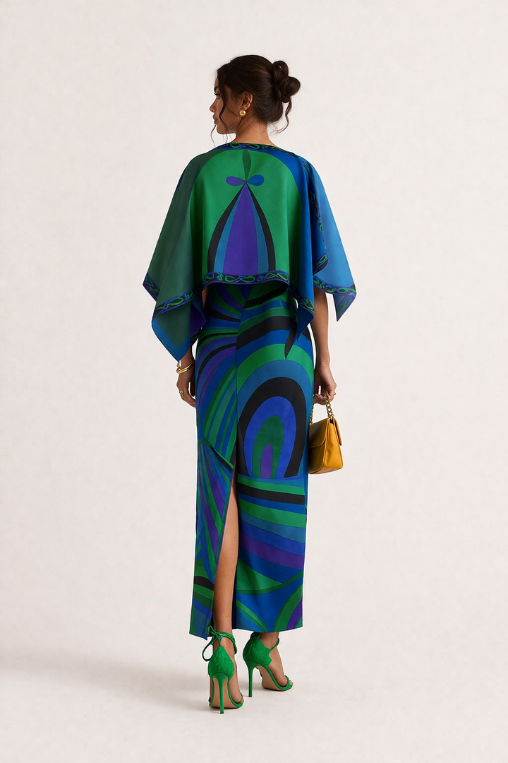 Modieuze dames tweedelige jurk met blauw/groen geometrisch dessin. Stijlvol voor elke zomerse of feestelijke gelegenheid.