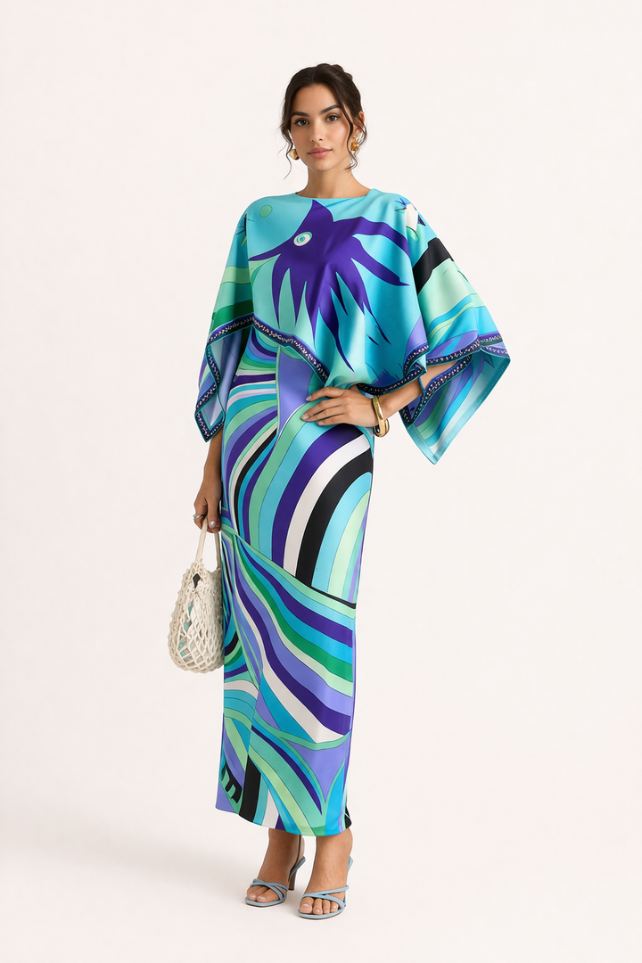 Lange tweedelige damesjurk, perfect voor de zomer. Met een elegant blauw/groen geometrisch patroon, modieus en uniek.