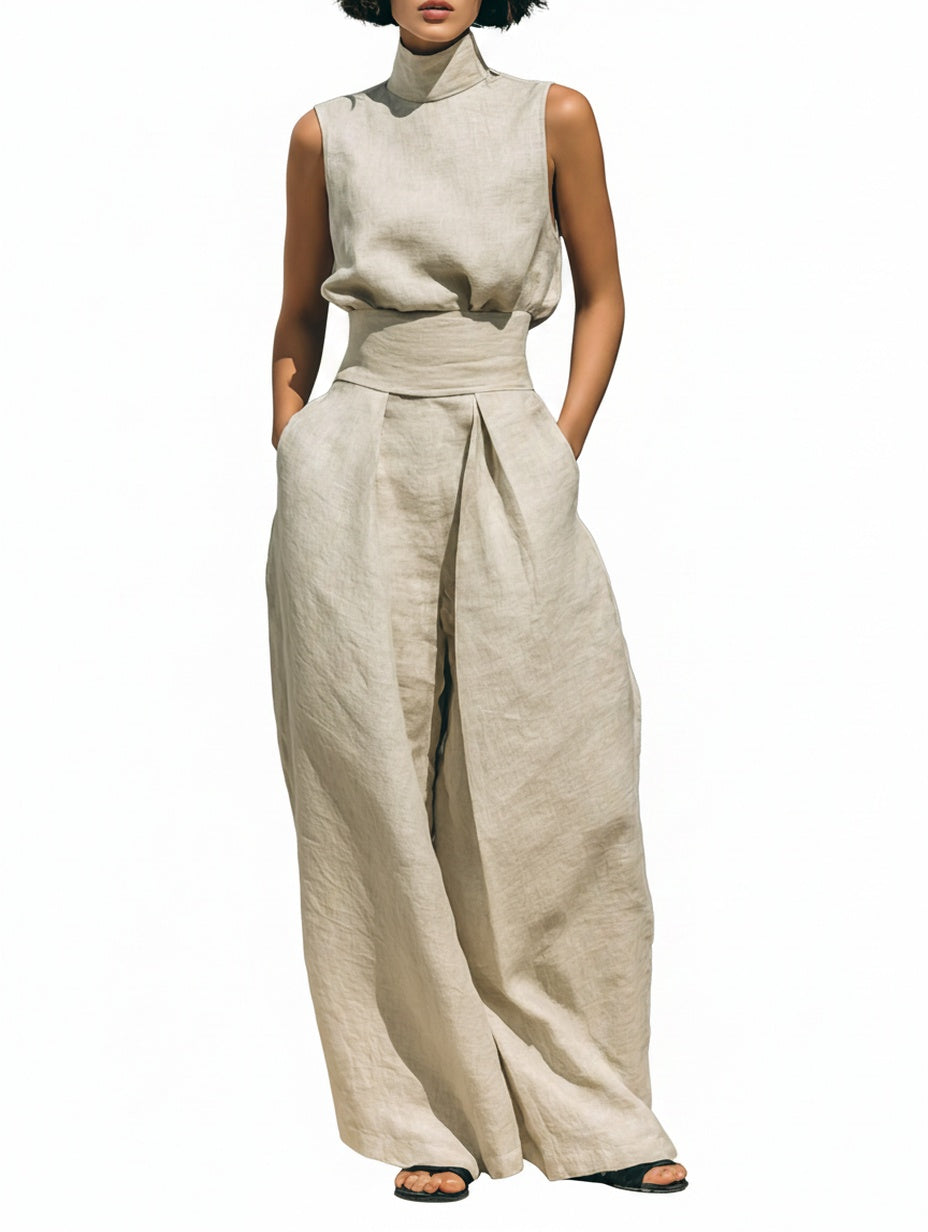 Dames tweedelige set met elegante mouwloze colkraag top en comfortabele wijde broek voor een zomerse look.