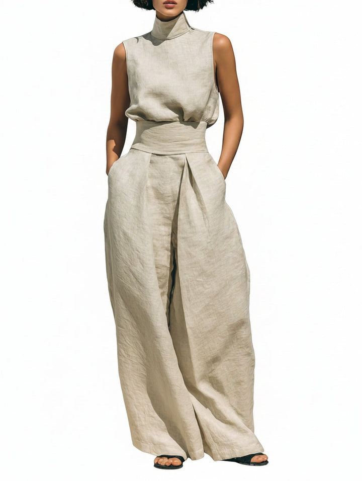 Dames tweedelige set met elegante mouwloze colkraag top en comfortabele wijde broek voor een zomerse look.