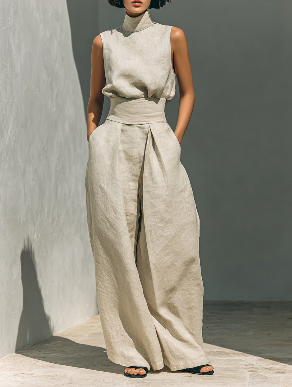 Modieuze dames co-ord set met mouwloze top met colkraag en bijpassende wijde broek, ideaal voor casual chic.