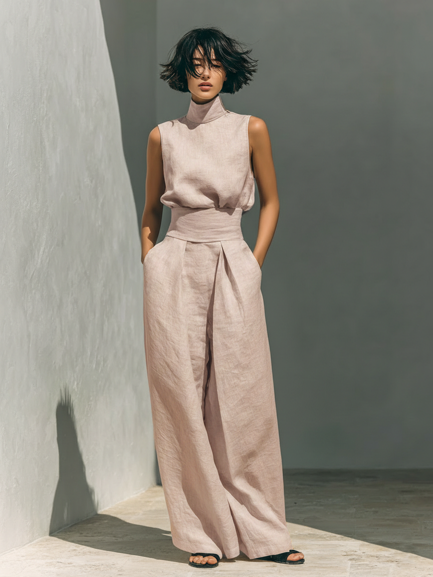 Elegante dames tweedelige set: mouwloze top met colkraag en flowy wijde broek, perfect voor casual chic.