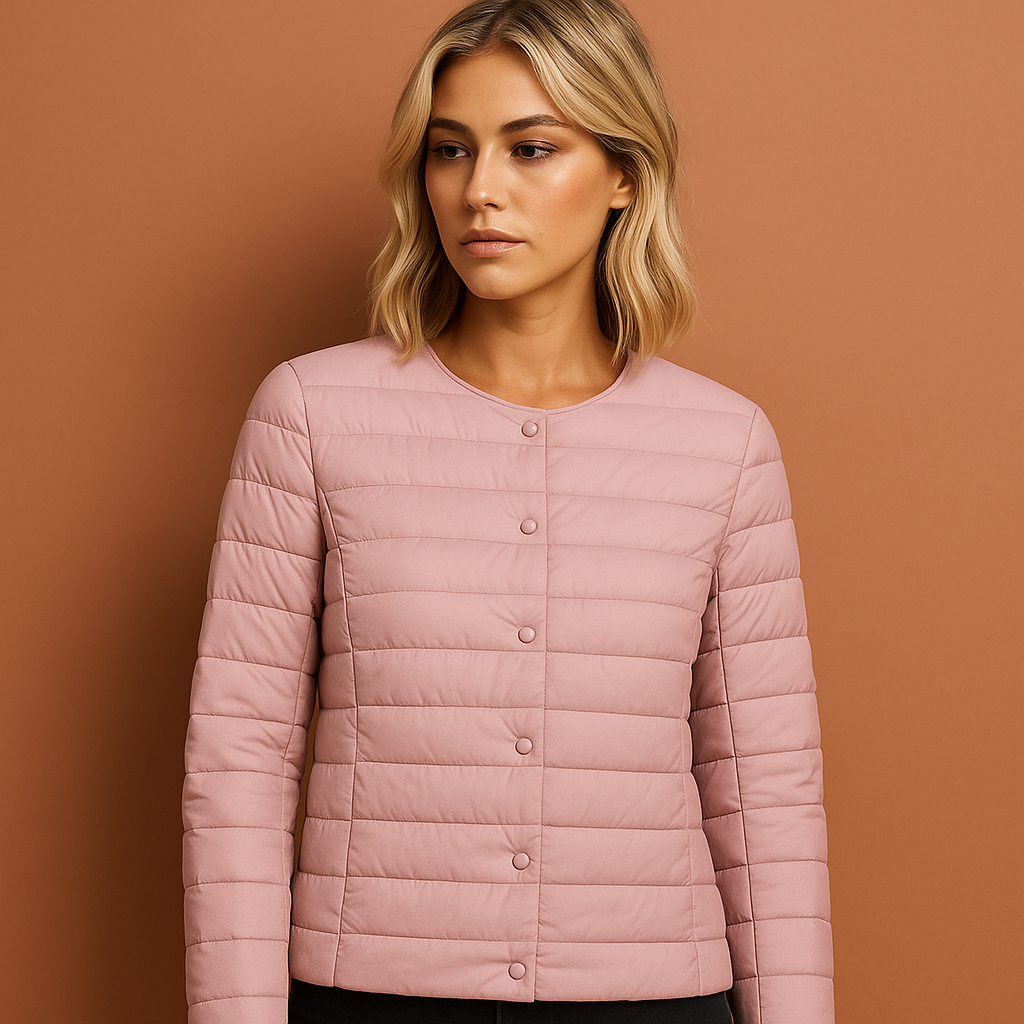 Detail van een ultradunne dames donsjas, warm en compact, veelzijdig voor lente en herfst.