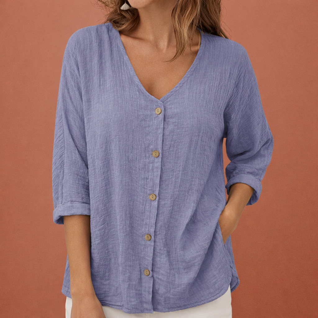 Comfortabel V-hals T-shirt voor dames met driekwart mouwen en knoopjes. Blouse stijl, ook in plus size verkrijgbaar.