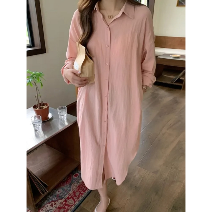 Stijlvolle dames blousejurk, vintage midi jurk voor een veelzijdige lente/zomer look. Elegante pasvorm.