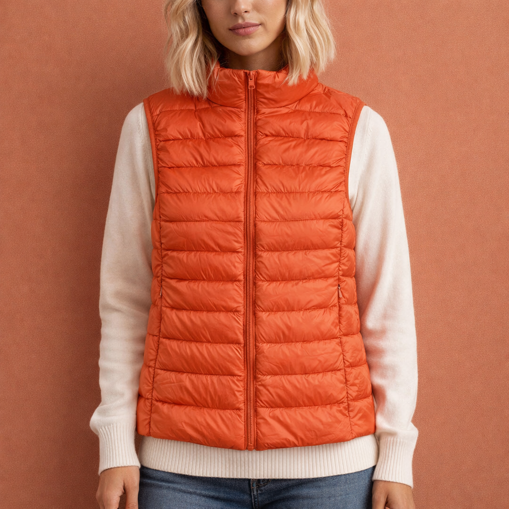 Casual dames winterbodywarmer met ritssluiting, ideaal als warmte voor buiten in de herfst. Mouwloos model.