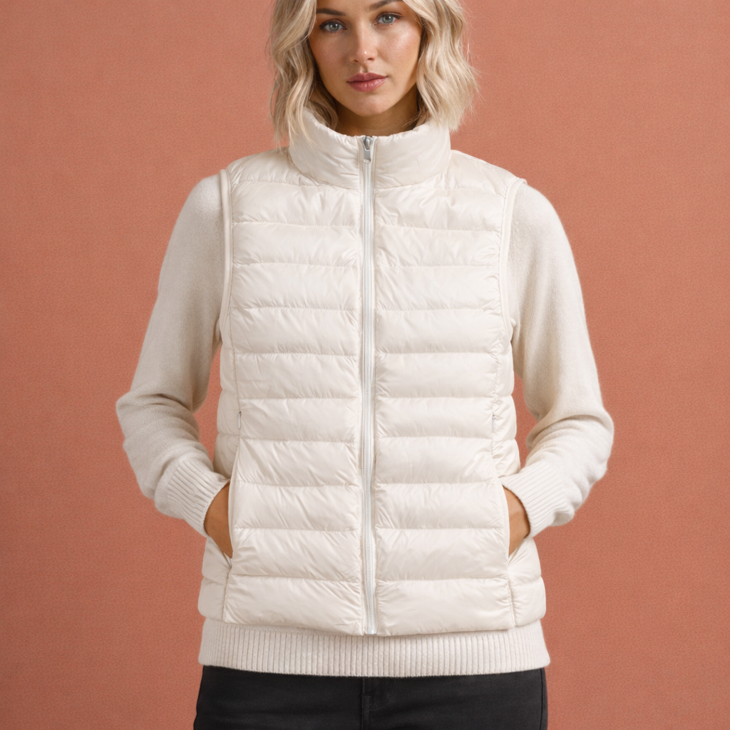 Stijlvolle dames mouwloze bodywarmer met ritssluiting, warm en comfortabel. Trendy overgangsjas voor dames.