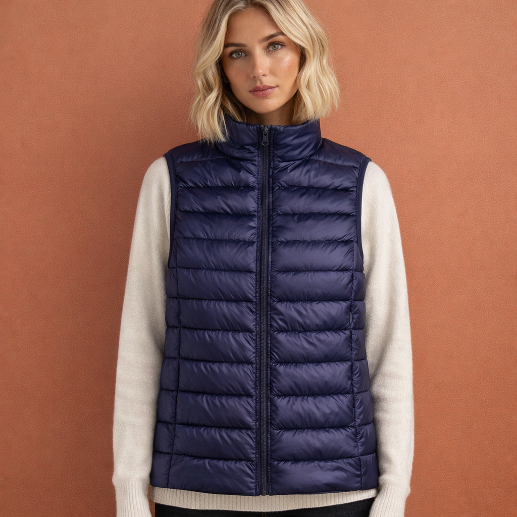 Dames winterbodywarmer met volledige ritssluiting, mouwloos en lekker warm. Ideaal voor koude herfstdagen.