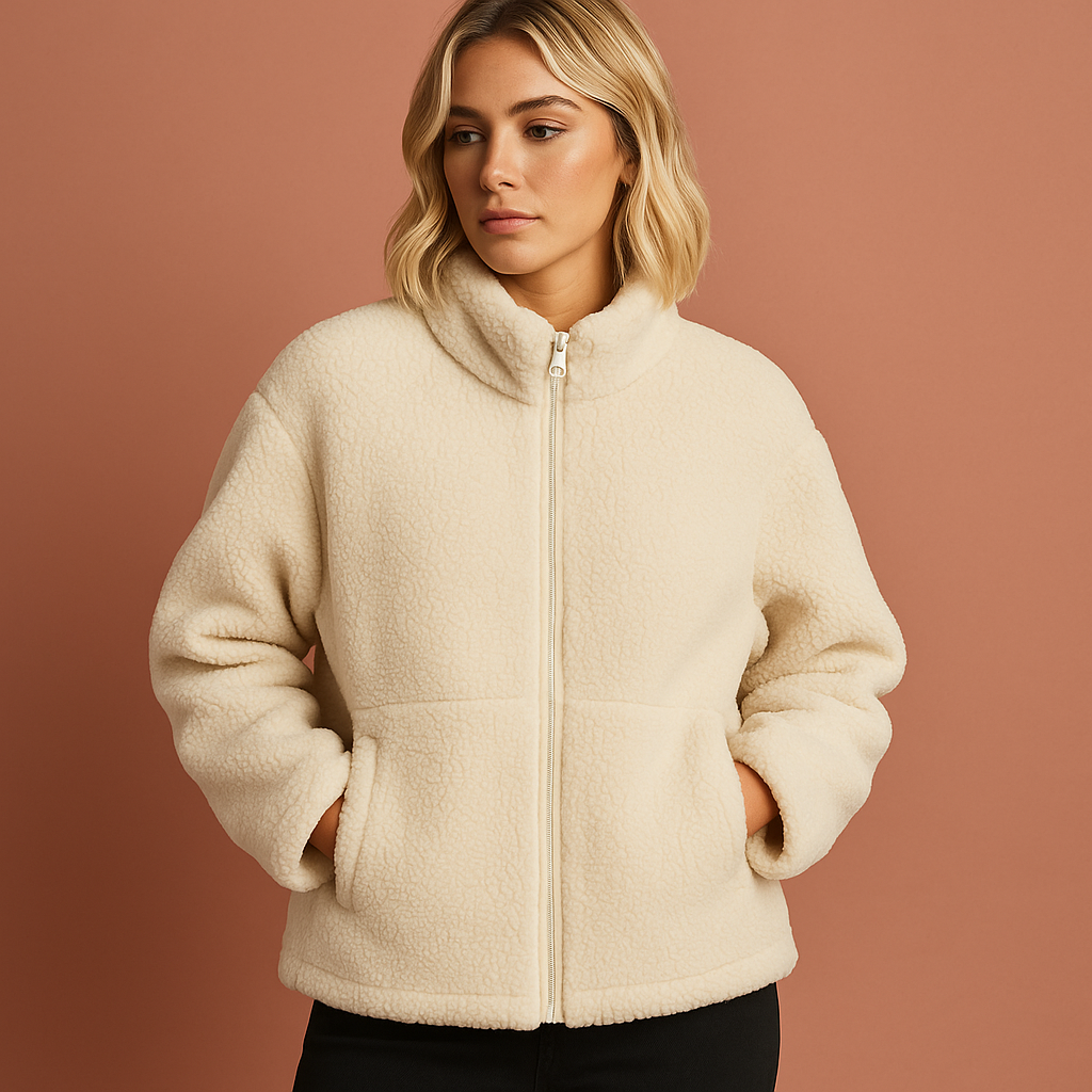 Dames warme teddyjas in crème/beige, ideaal voor winter & herfst. Comfortabel, stijlvol & trendy outwear.