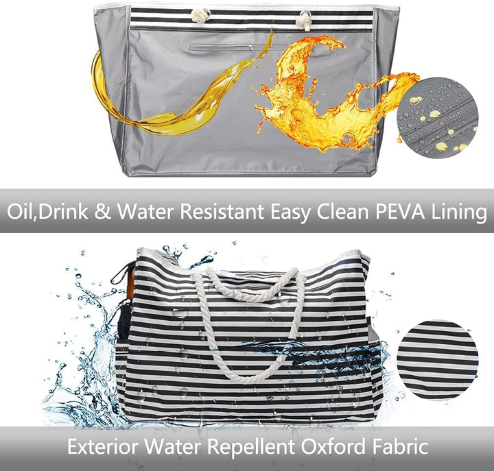 Duurzame waterdichte extra grote strandtas voor dames, met gestreept design en bonus reisetui.