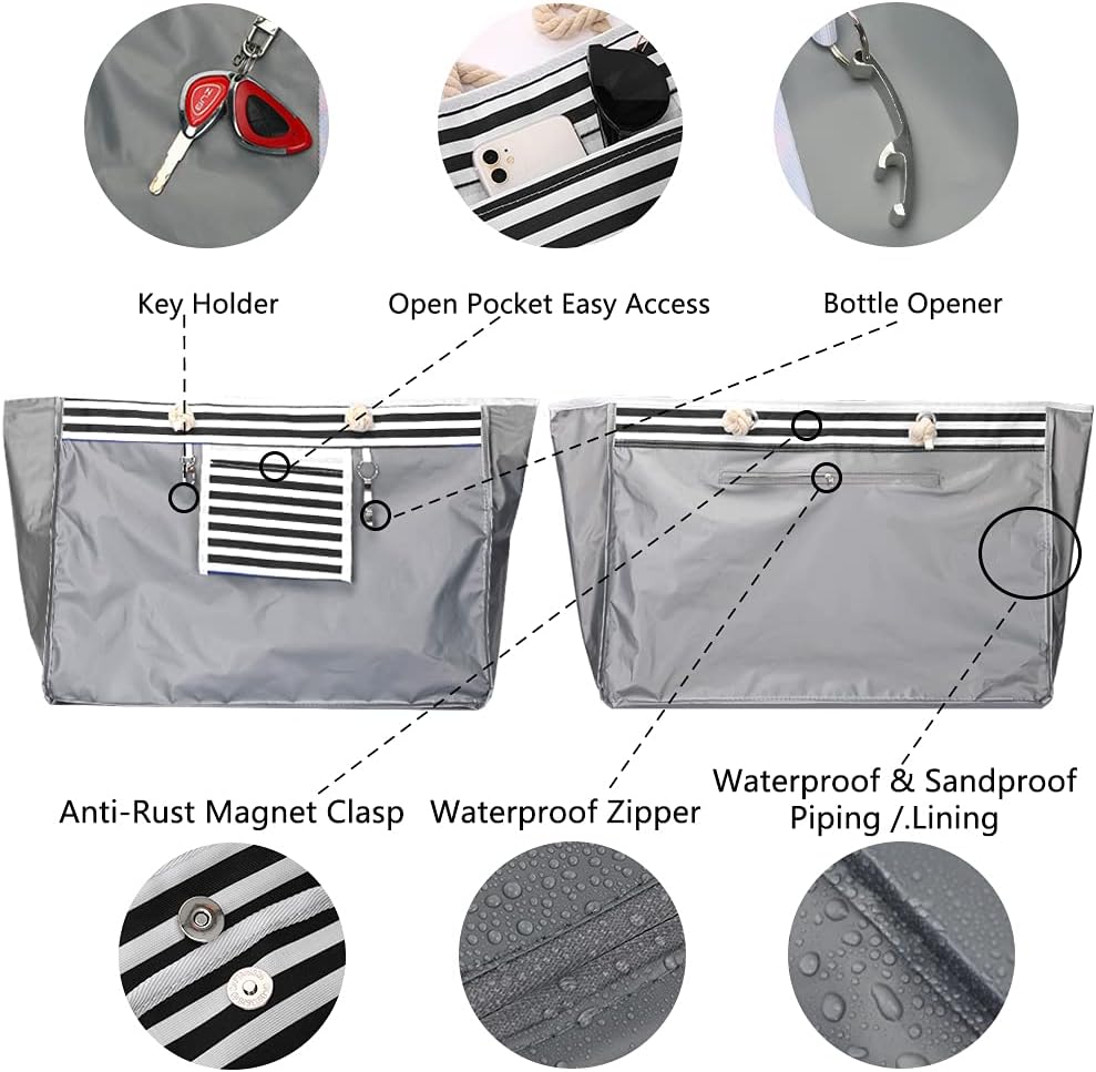 Waterdichte extra grote gestreepte strandtas voor dames, ideaal als reistas of tote bag.