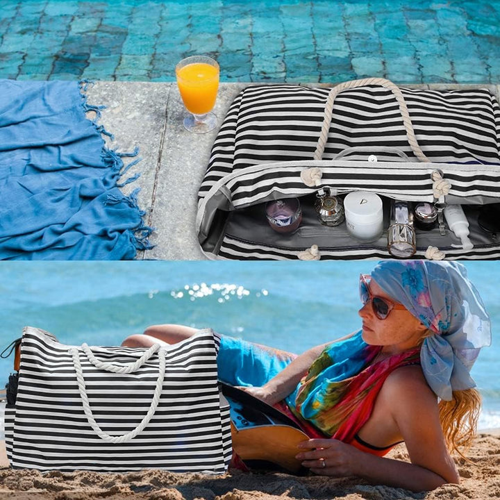 Stijlvolle gestreepte waterdichte dames strandtas, extra groot, met bijpassend reisetui. Zomer klaar!