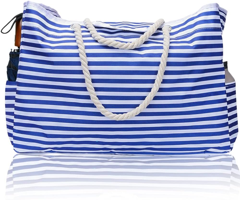 CoastCarry waterdichte extra grote strandtas voor dames, gestreept, met reisetui. Perfect voor de zomer.
