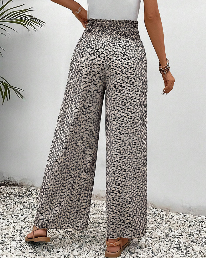Elegante damesbroek met geometrisch patroon en wijde pijpen, comfortabele vrouwenkleding.