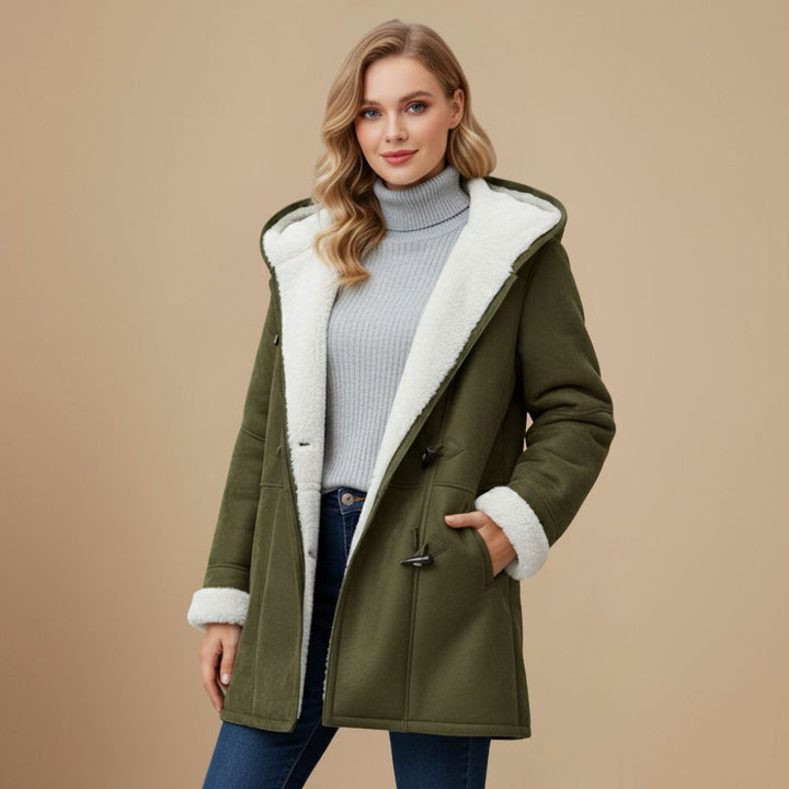 Dames warme winterjas, zachte stof, met toggleknopen en comfortabele capuchon. Perfecte casual damesjas.
