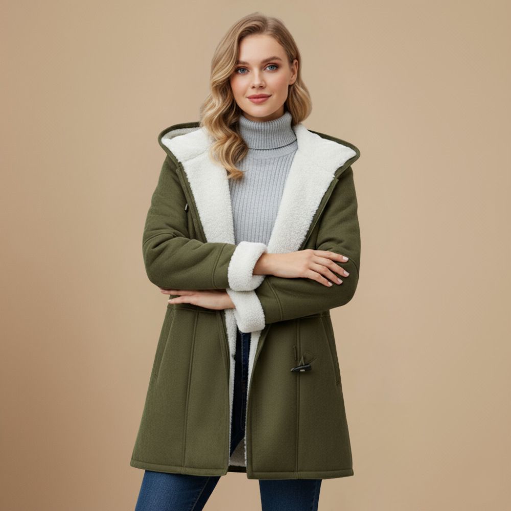 Volledig zicht op warme dames duffeljas met toggleknopen, capuchon en zakken. Ideaal voor koude winterdagen.