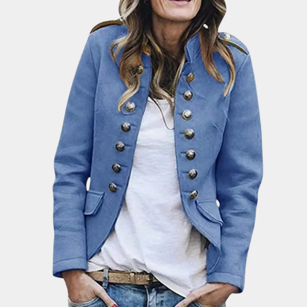 "Dames wollen jas met dubbele rij knopen in retro stijl, hoge kraag, wolmix materiaal, voor herfst en winter."