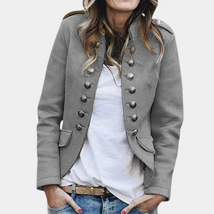 "Dames wollen jas met dubbele rij knopen in retro stijl, hoge kraag, wolmix materiaal, voor herfst en winter."