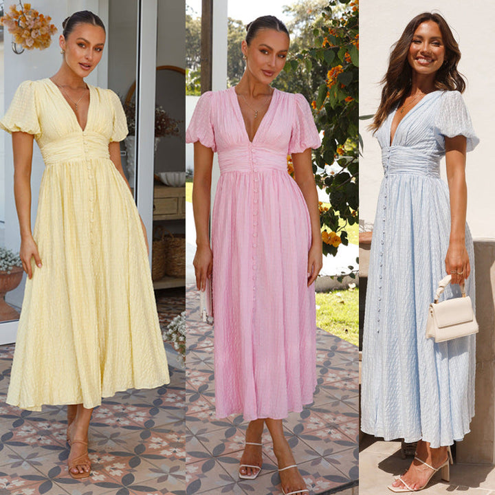 Trendy gele dames zomer midijurk met V-hals, pofmouwen; een modieuze keuze voor feesten.