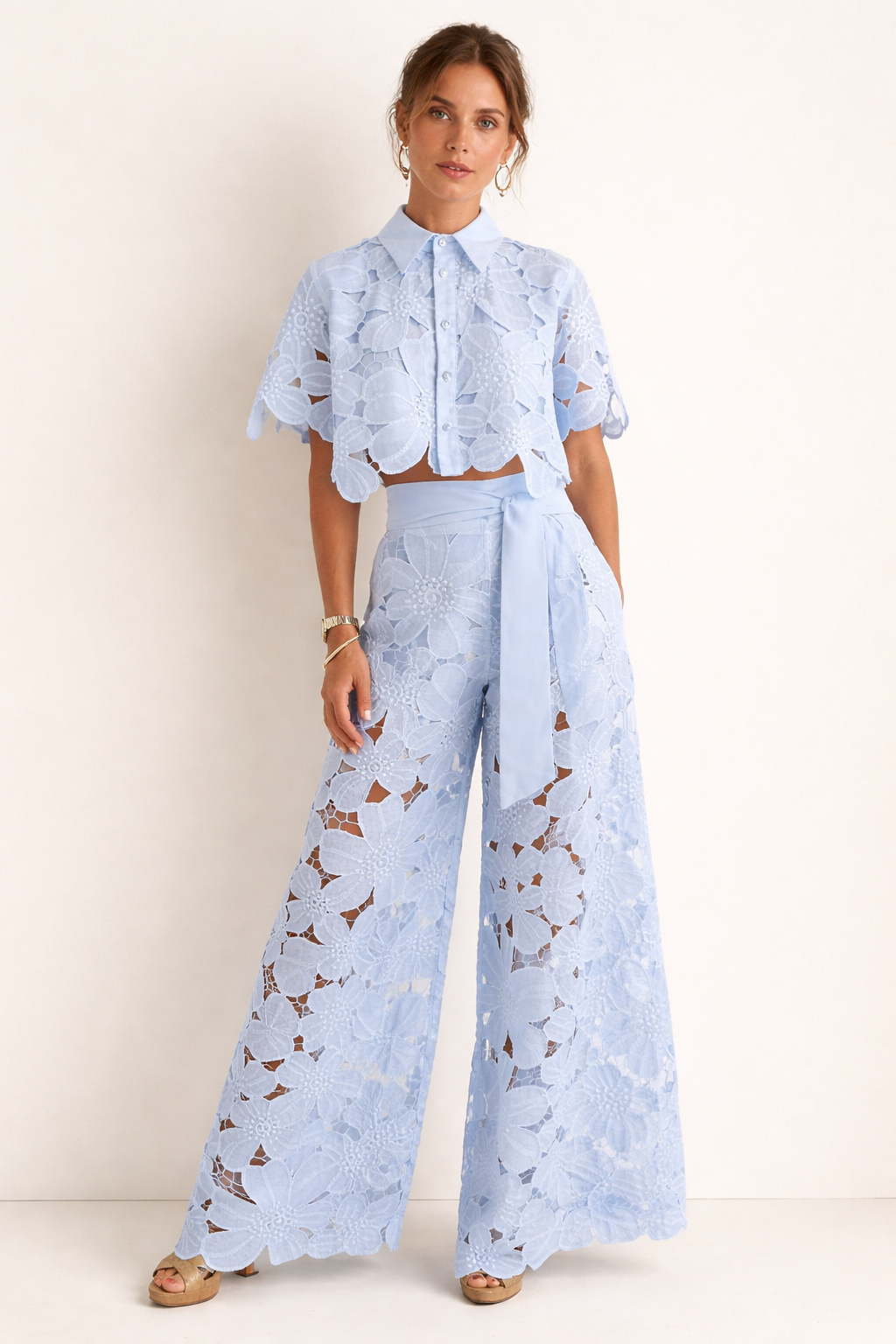 Dames zomerse set: elegante blouse & wijde broek met patroon, comfortabel & stijlvol voor lente/zomer.