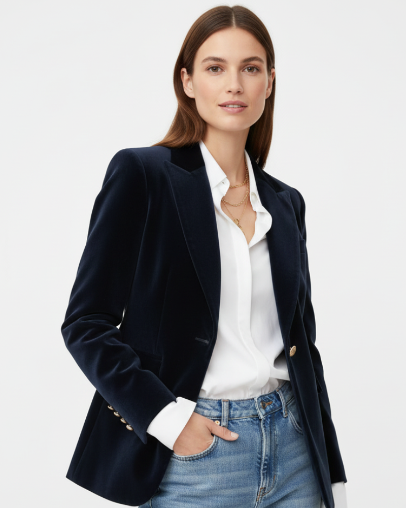 Elegante damesblazer, perfect voor kantoor of avondkleding, combineert formeel met veelzijdigheid.