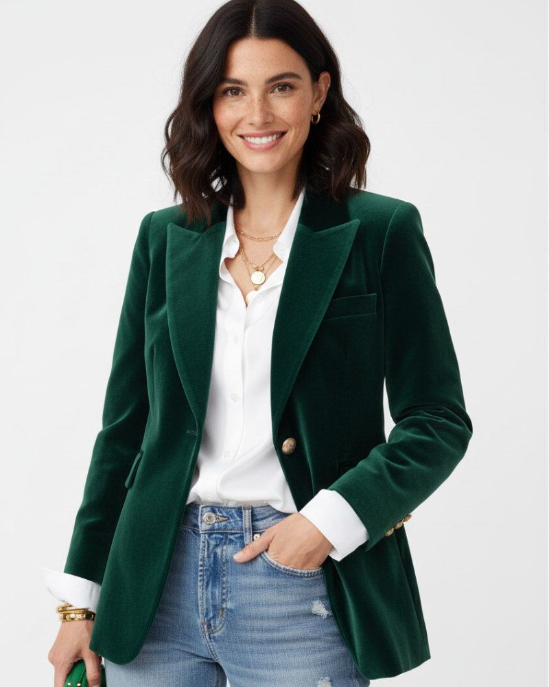 Model draagt chique damesblazer met revers, perfect voor een elegante en professionele uitstraling op kantoor.