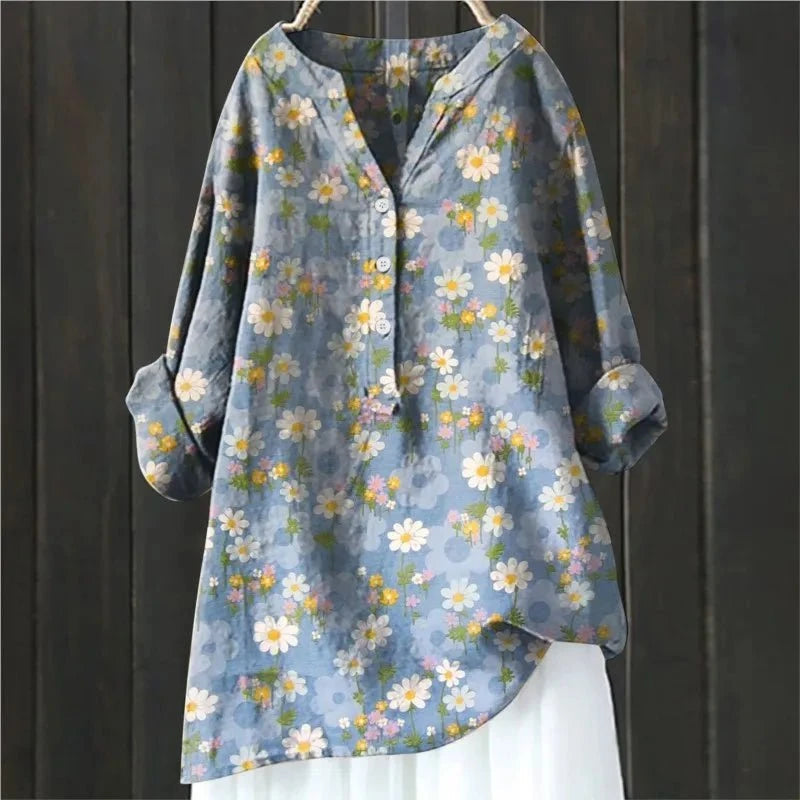Elegante damesblouse met all-over bloemenprint, V-hals. Lange mouwen, bohemian chic stijl, veelzijdig en comfortabel.