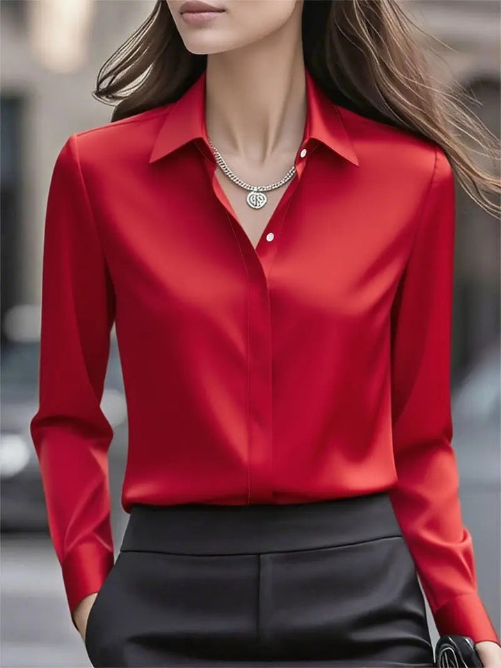 Damesblouse voor kantoor met lange mouwen, klassieke puntkraag en verborgen knoopsluiting.