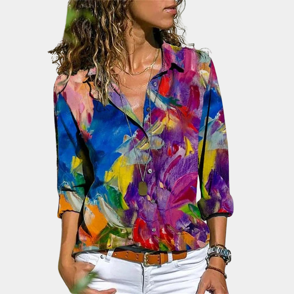 "Damesblouse met kleurrijke print, comfortabel en stijlvol, zomerse elegante top met flatterende pasvorm en hoogwaardige stof