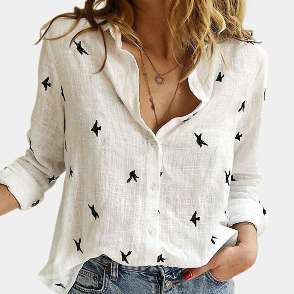"Damesblouse met lange mouwen, zwaluwprint, luchtig en stijlvol voor veelzijdige outfits, knoopsluiting voor gemak."
