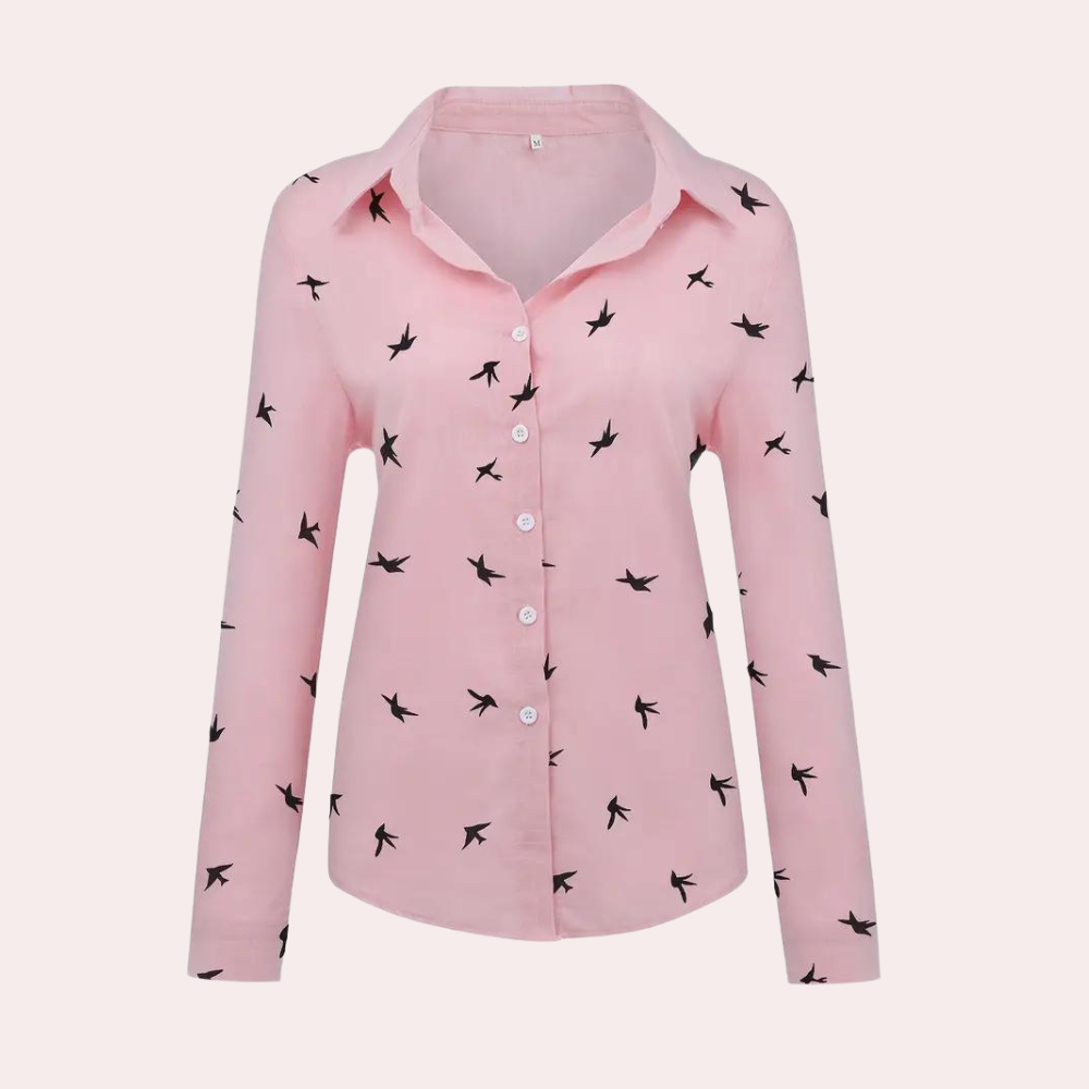 "Damesblouse met lange mouwen, zwaluwprint, luchtig en stijlvol voor veelzijdige outfits, knoopsluiting voor gemak."