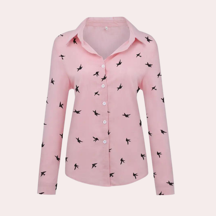 "Damesblouse met lange mouwen, zwaluwprint, luchtig en stijlvol voor veelzijdige outfits, knoopsluiting voor gemak."