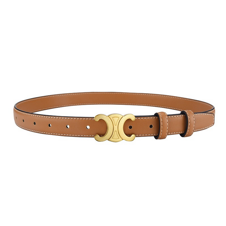 Elegante zwarte leren damesriem met opvallende gouden gesp, een veelzijdig en verstelbaar mode accessoire.