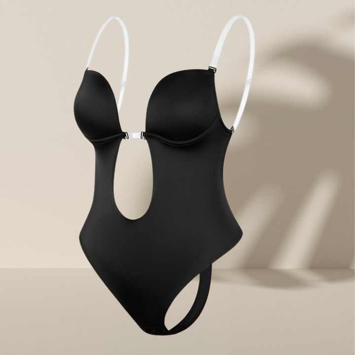 "Diepe V rugloze body shaper voor dames, naadloos en comfortabel, onzichtbaar onder kleding, open rug ontwerp, beige kleur."