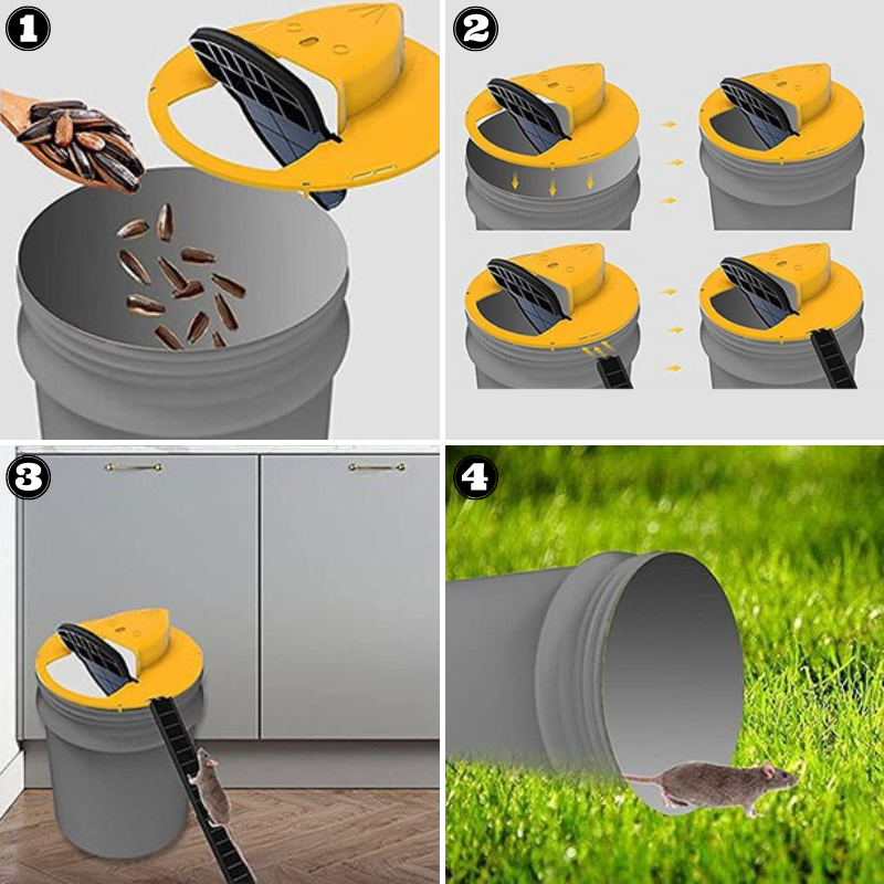 Humane muizenval met emmerdeksel design. Vangt muizen levend voor diervriendelijke ongediertebestrijding in tuin en buiten.