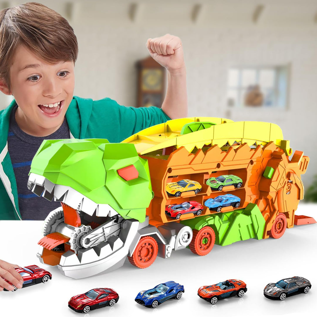 "Dino Stad Transporteur racebaan, kleurrijke vrachtwagen met transformeerbare onderdelen voor kinderplezier en creativiteit"
