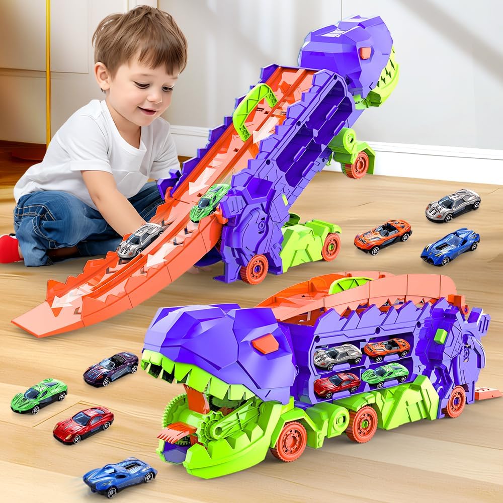 "Dino Stad Transporteur racebaan, kleurrijke vrachtwagen met transformeerbare onderdelen voor kinderplezier en creativiteit"